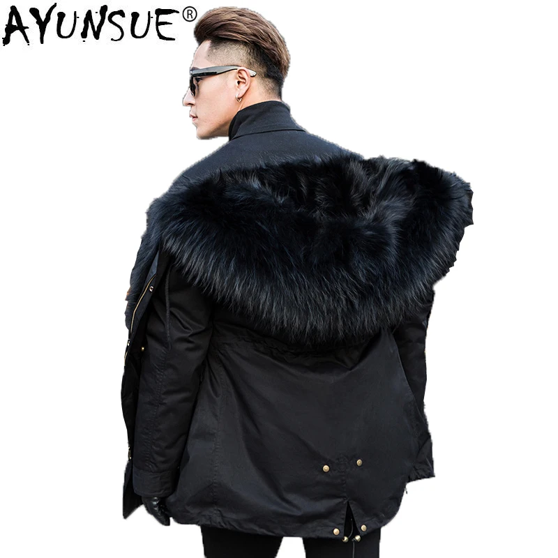 AYUNSUE Новинка 2018 года парка натуральный мех пальто для мужчин зимняя куртка енот