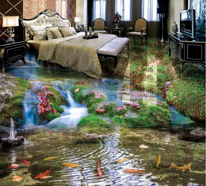 3D обои для пола 3d ландшафта водопад девять рыбок напольная картина самоклеящиеся