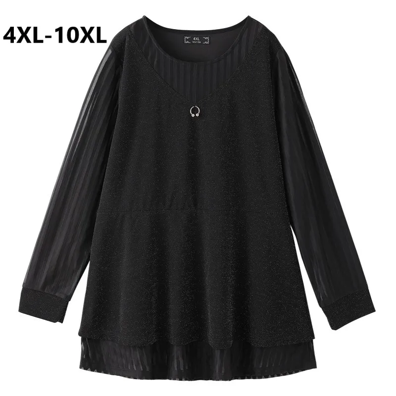 

Plus Size 4XL 6XL 8XL 10XL Women Long Sleeve Patchwork Spring T-shirt Shining Big Size Casual Tops Sliming Black Shirt For Mujer