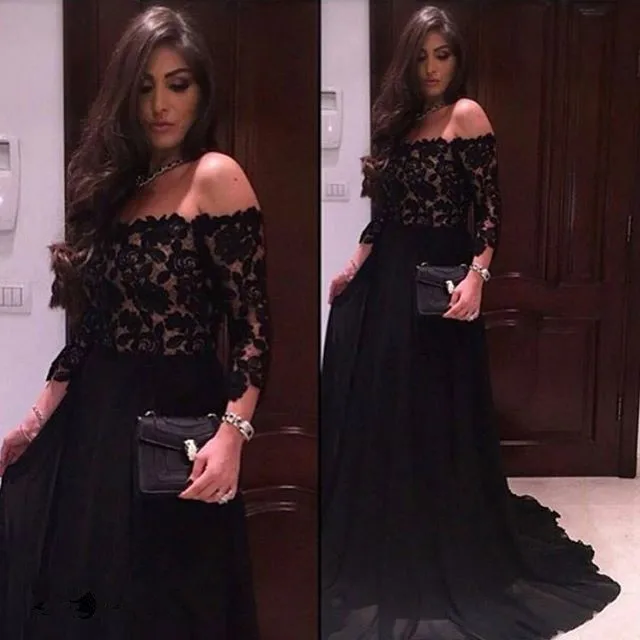 Long Sleeve Black Lace Evening Dress