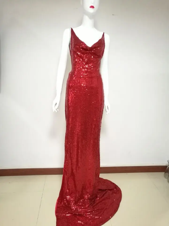 Элегантное красное сексуальное длинное платье с блестками на тонких бретельках макси в пол с открытой спиной шикарное однотонное вечернее платье знаменитостей
