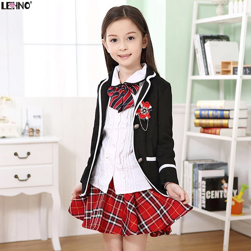 

Primary School Students Jackets Spring/Autumn School Uniforms Girls Choral Sets Cotton Jacket+Blouse+Skirt Tracksuit