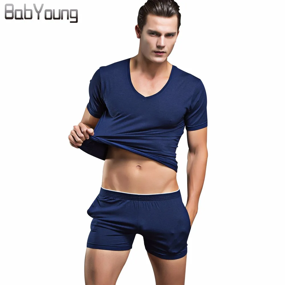 BabYoung 2018 Summer Mens Pyjama Sexy V neck T Shirt and Short Boxers