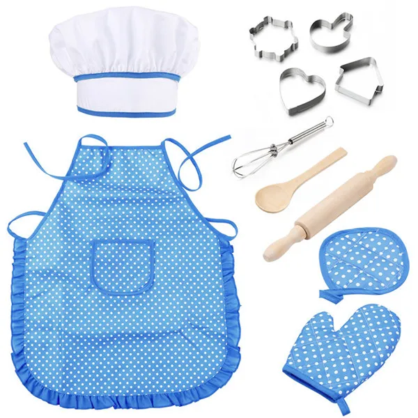 11 шт., Детский набор для приготовления пищи, фартук для маленьких девочек, шапка шеф-повара, рукавица и посуда для малышей, костюм повара для ролевых игр - Цвет: Синий