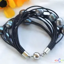 Изображения 15row " 13 мм Павлин мелкий пресноводный жемчуг черный кожаный браслет ювелирные изделия