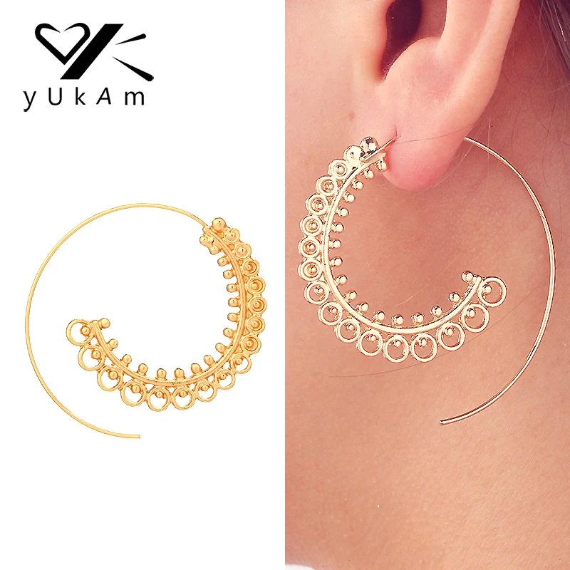 

YUKAM Bohemia Ethnic Ear Jewelry Gold Big Swirl Hoop Earrings for Women Brinco Creole Earrings Femme Punk Spiral Tribal Earrings