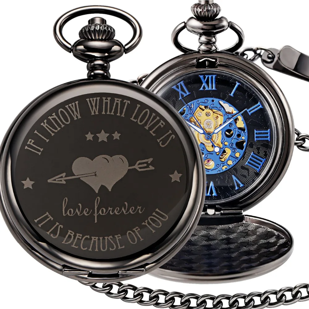 Engraved Loveforever Mechanical Pocket Fob Watch Vintage Steampunk Black Pocket Watches Pendant Necklace Clock With Chain Watch Engraved Loveforever Mechanical Pocket Fob Watch Vintage Steampunk Black Pocket Watches Pendant Necklace Clock With Chain Watch