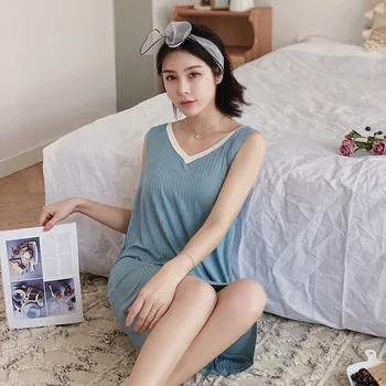 

2019 New Spring and Summer Sleeveless Long Nightdress Casual Color Matching Comfortable Nightdress