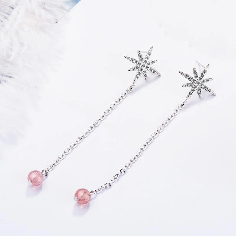 

Star Ear line Super Fairy Strawberry Crystal Snowflake Tassel Wild 925 Sterling Silver Fashion Female Dangle Earrings SEA377