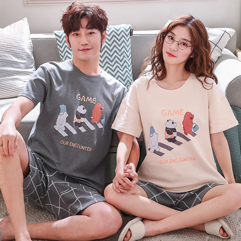 Пижама для пар летний хлопковый комплект с короткими рукавами и шортами одежда