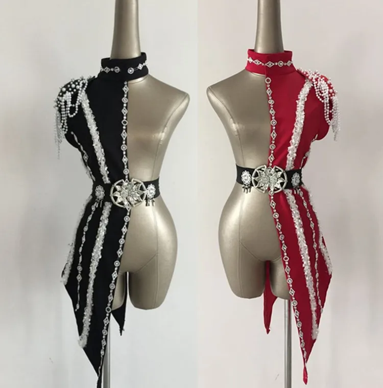 Online Erwachsene sets Kostüme Schwarz Rot Patchwork anzüge Spitze Pailletten Applikationen Perlen dance Aushöhlen Halbe Röcke   Gürtel twinset