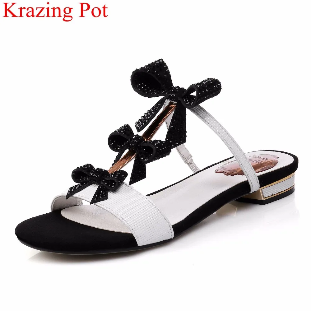 

2018 superstar bowtie sheep leather square heel sandals elegant vacation crystal concise buckle strap low heels summer shoe L6f1
