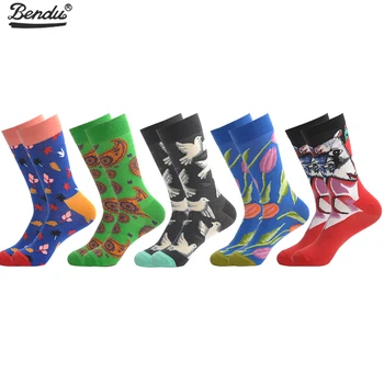 

BENDU 5 Pairs/Lot Men's Socks Animal Fashion Funny Colorful Long Socks Combed Cotton Happy Wedding Socks Casual Business Dress