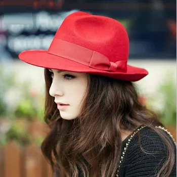 

British Retro Wool Felt Fedoras Hat Autumn Winter Women Jazz Fedora Cap Female Korean Version Fashion Bowknot Party Hats H7098