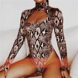 Осень 2018 г. мода змея печати средства ухода за кожей костюм для женщин пикантные выдалбливают Bodycon Комбинезоны с высоким воротом s змеиной