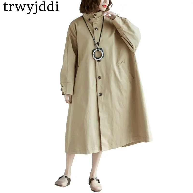 Femmes De Automne Printemps Kaki Manteau Col Coupe vent Khaki Tendance Stand 2018 Lâche A1263 Tranchée Style Littéraire Grande Manteaux Taille Nouvelle FpxqCxwzv