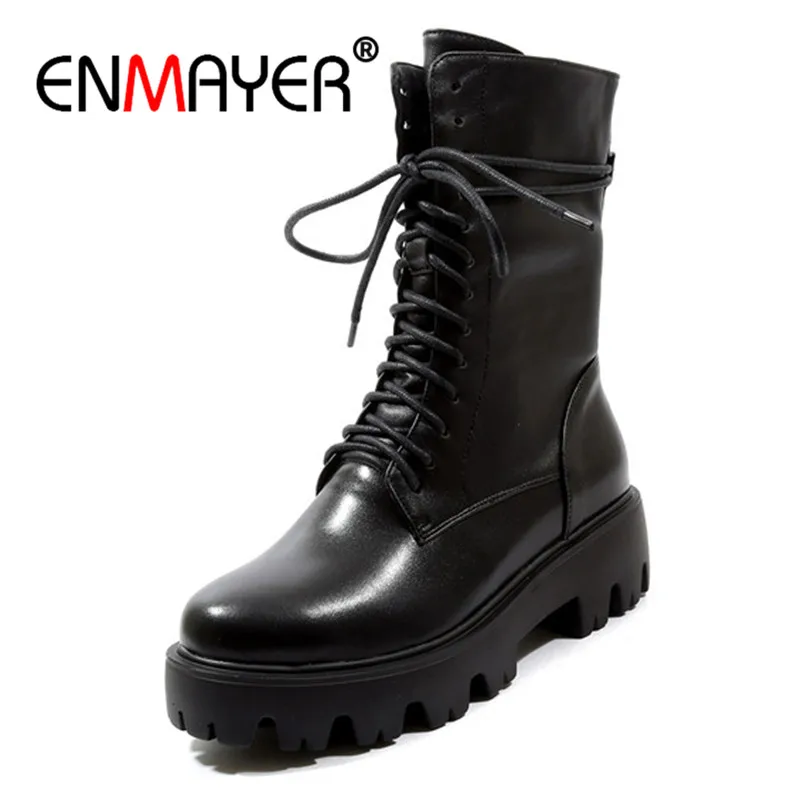

ENMAYER Woman Ankle Boots Lace Up Boots Size 34-39 Autumn Winter Cow Leather Shoes women Basic boots Narrow band CR1166