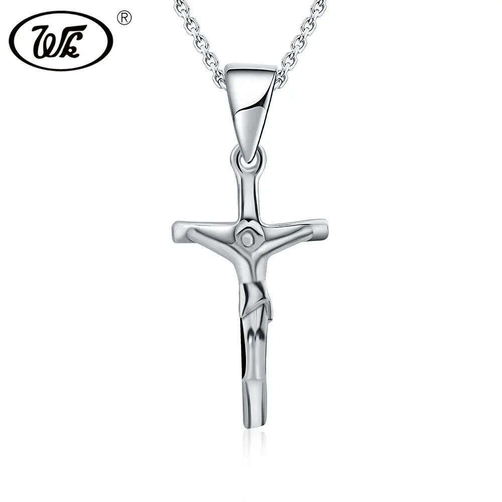 WK Genuine 925 Sterling Silver Religious Jesus Cross Pendant Necklace