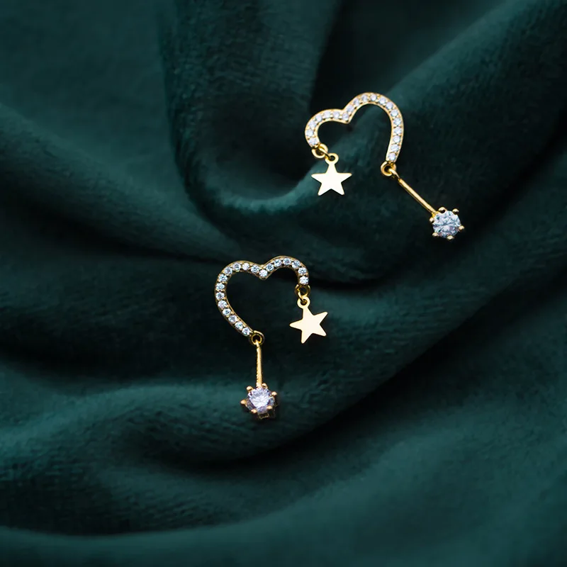 

1pair Real. 925 Sterling Silver jewelry Zirconia AAA+ SET Love heart &Star crystals Tassel dangle earrings Women's GTLE2693
