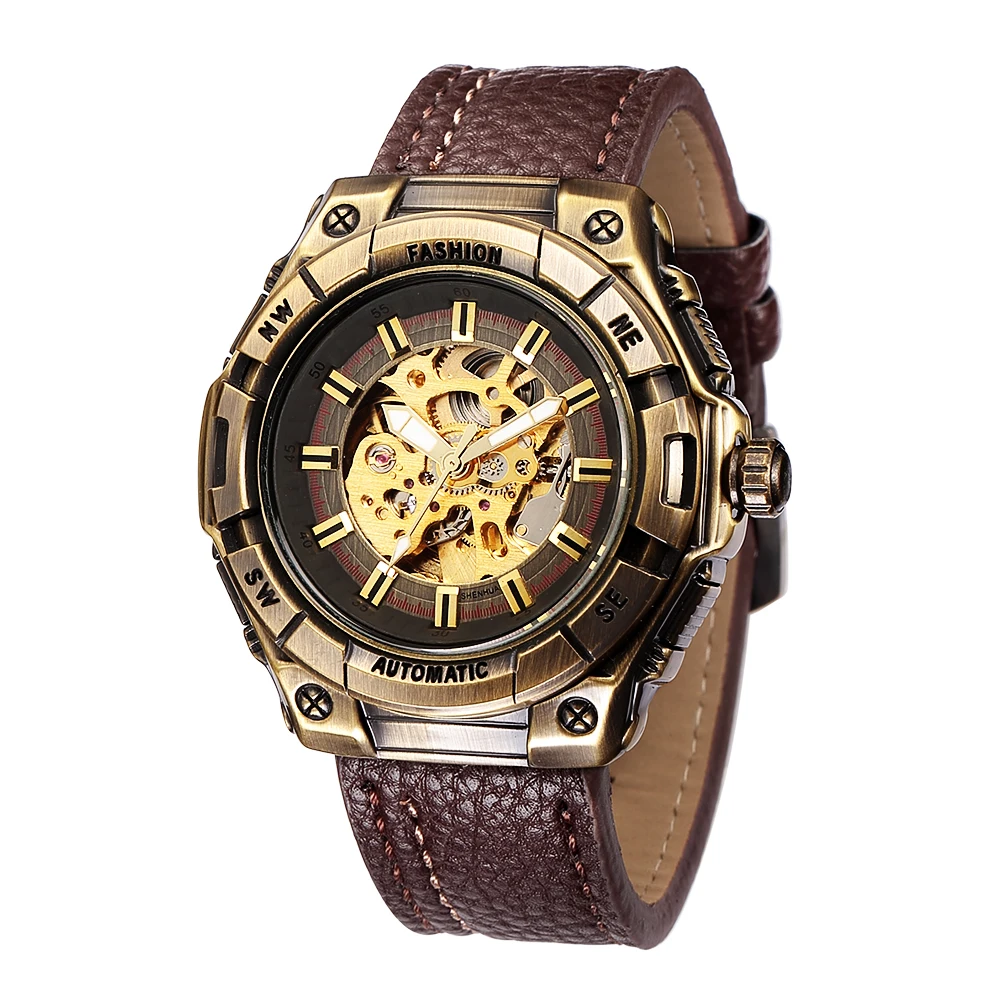 

Fashion Mechanical Watch Men Skeleton Watch SHENHUA Vintage Bronze Sport Watch Men Watches Men automatic Watches Leather Band
