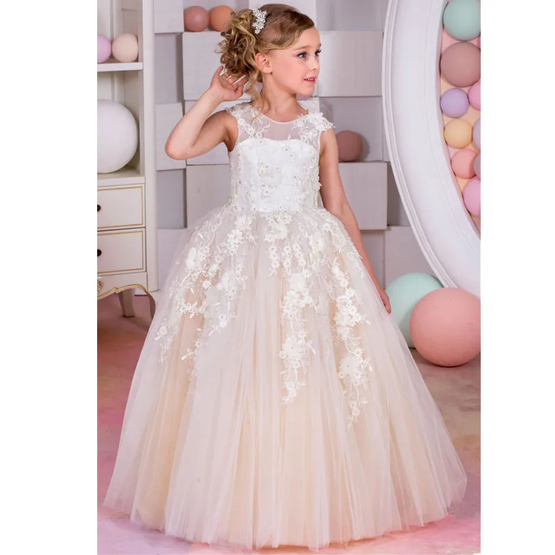 Princess White/Ivory/Champagne Lace Ball Gown Long Flower Girl Dresses ...