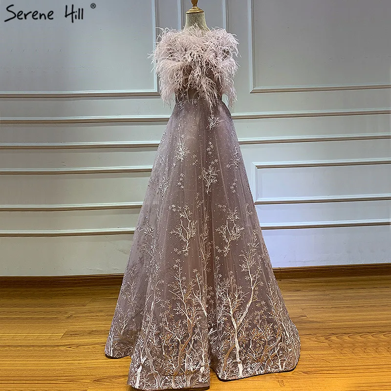 Вечерние платья с розовыми перьями и кристаллами в дубайском стиле, роскошные сексуальные вечерние платья без рукавов Serene Хилл LA60956