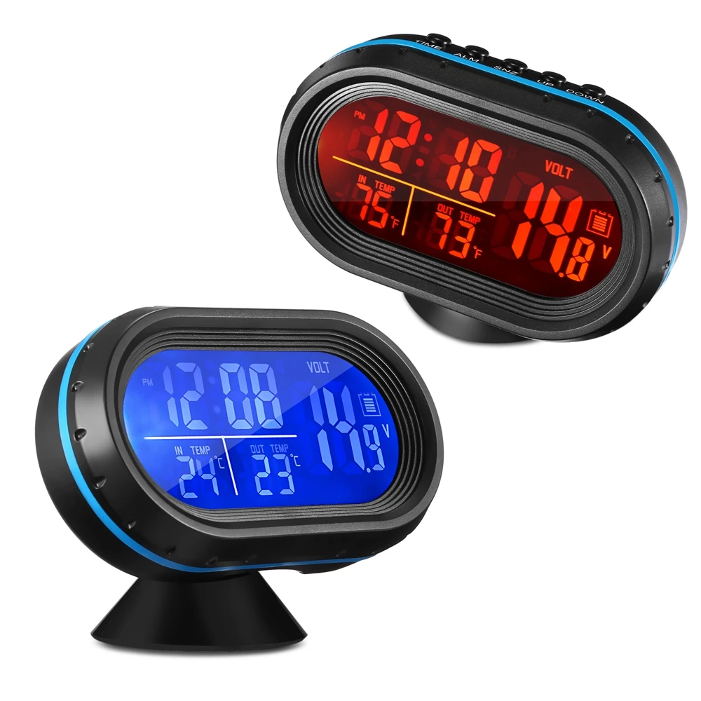 Free Shipping Car Digital LCD Clock with Thermometer and Automotive Voltmeter 4 in 1 LED dual color backlight Auto clock style