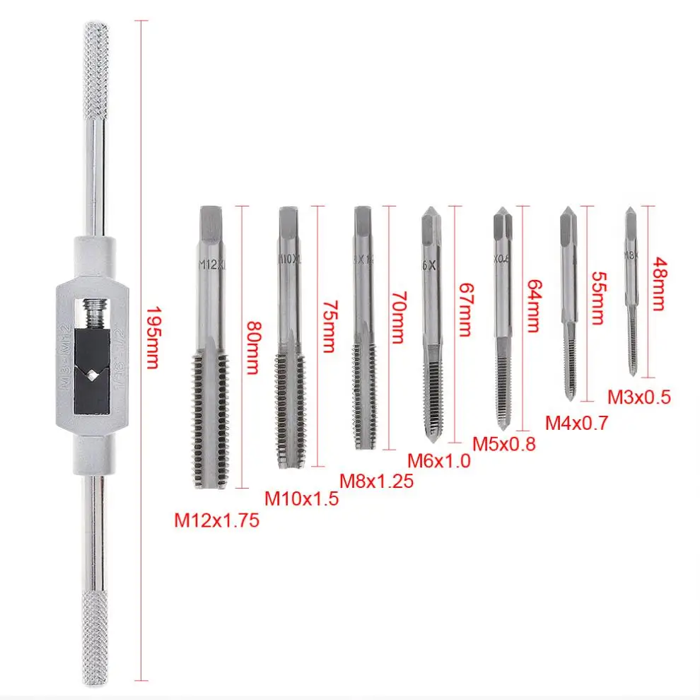 

8 In 1 HSS Hardware Tap Die Set with M3-M12 Taps and 1/16'' -1/2'' Wrench Handle for Woodworking / Machinery Repair