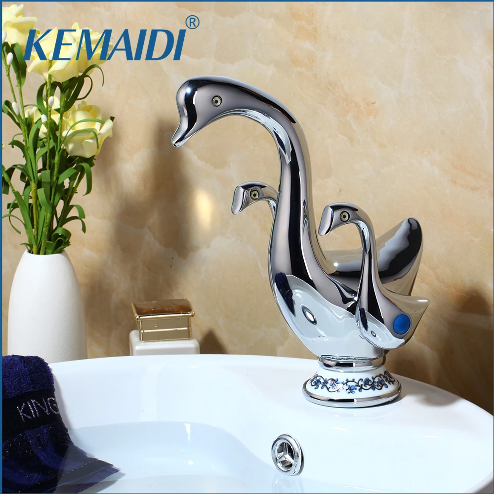 

KEMAIDI Cute Duck Shape Double Handles Bathroom Vessel Sink Faucet Deck Mount Brass Washbasin Sink Mixer Taps