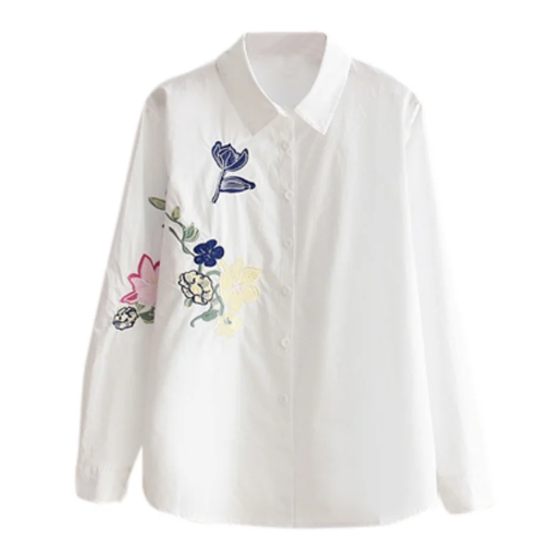 Oioninos Casual White Floral Embroidery Long Sleeve Autumn