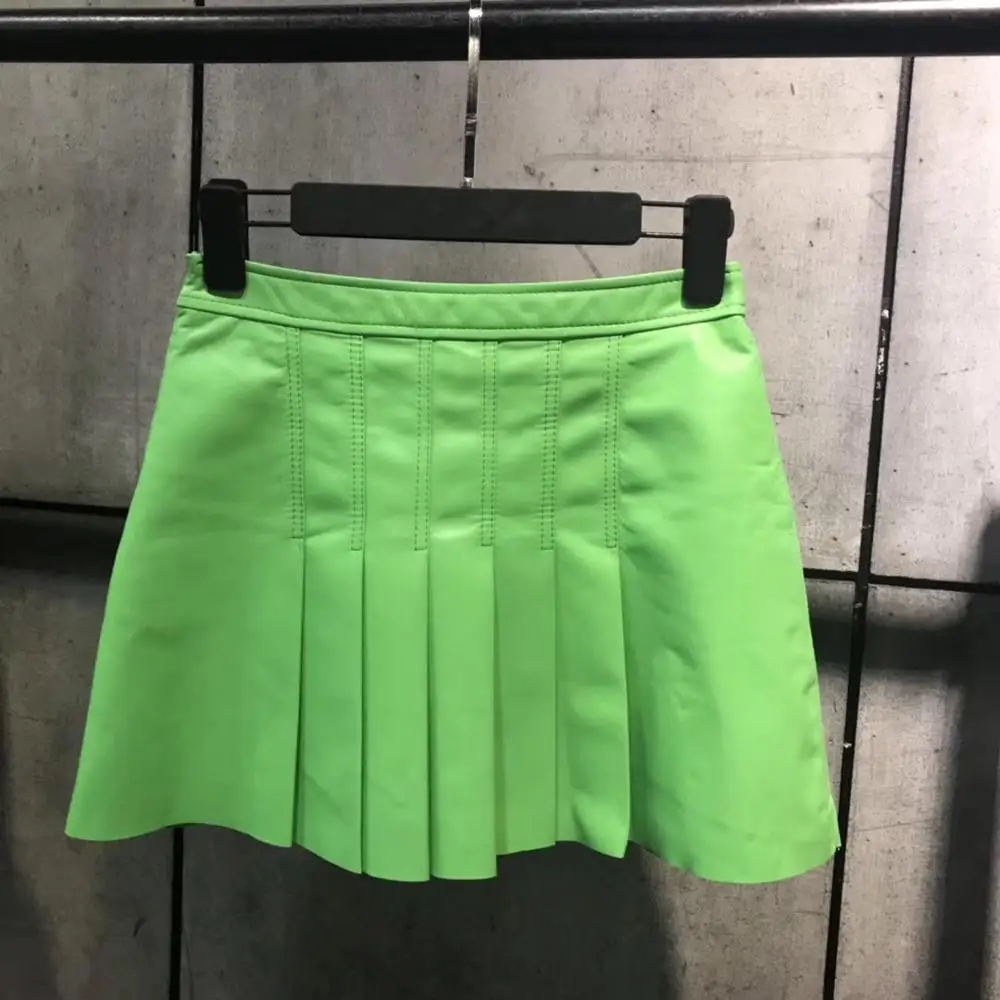 

Mini pleated skirt women kawaii 2019 new fashion solid a-line High Waist black genuine leather sheepskin skirts sexy