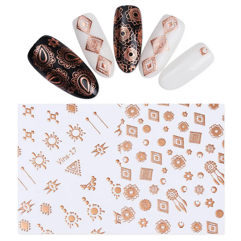 2 листа металлик розовое золото 3D наклейки для ногтей набор Племенной клей для накладных ногтей переводная наклейка маникюрные аксессуары