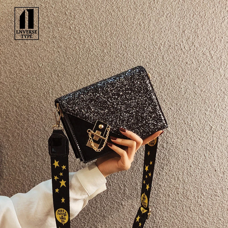

Textured patent leather sequins shoulder-slung small square bag Star wide shoulder strap Luxury Handbags Woman Bags Designer bag