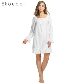 

Ekouaer Women Cotton Casual Sleepwear Nightie Long Sleeve Loose Nightgowns Summer Nightdress Female Night Dress Home Clothing