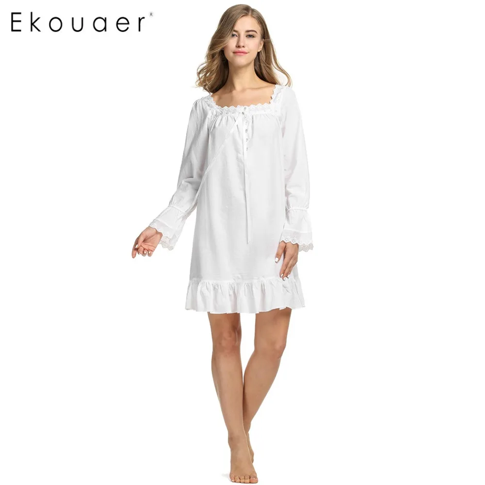 Ночная рубашка Ekouaer женская хлопковая с длинным рукавом|womens cotton nightgown|cotton