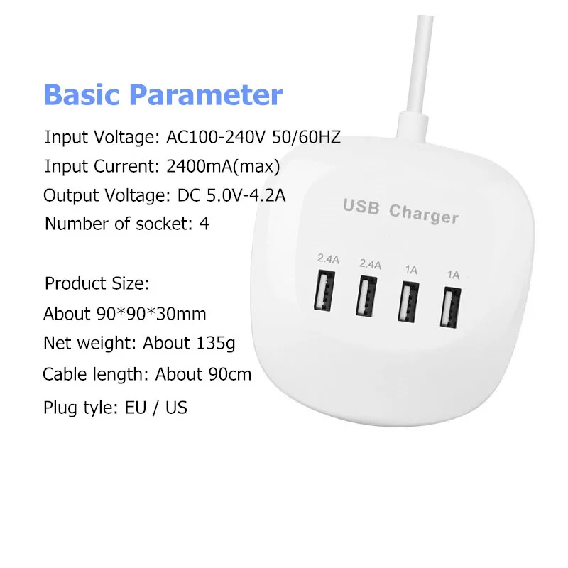 IPUMYNO EU US UK штекер 5 В 2.4A 4 порта USB настенное зарядное устройство адаптер питания 0 9