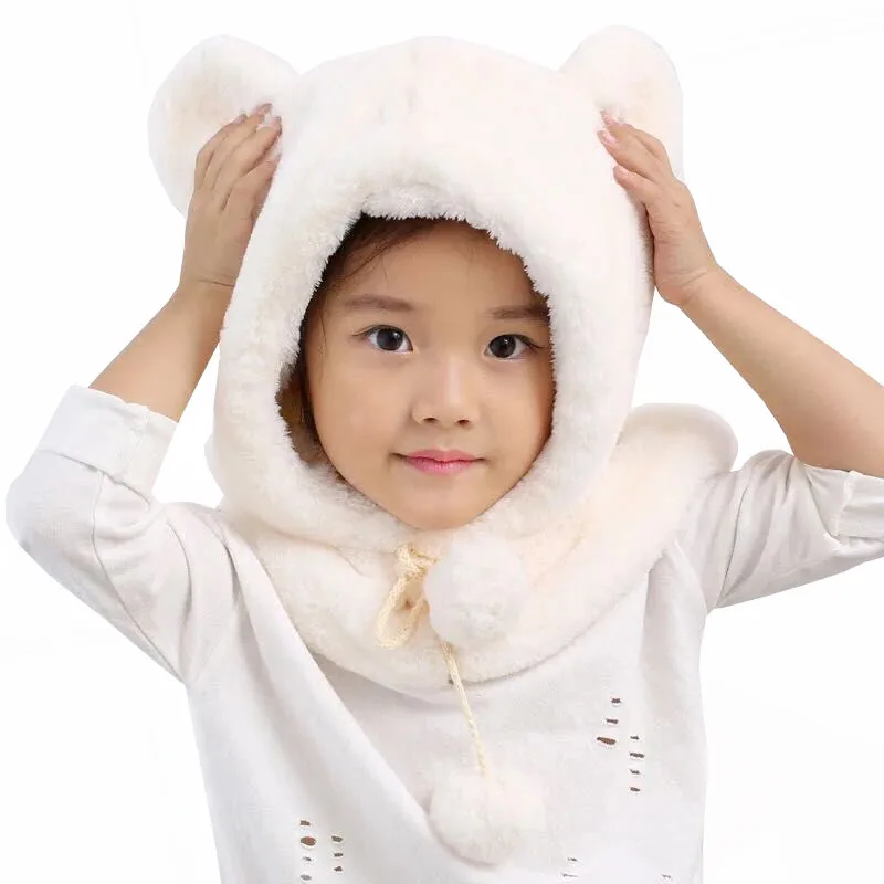 Новая модная зимняя детская шапка с капюшоном, шарф, милый медведь, шар с ушками, теплая плюшевая детская шапочка, шапка для мальчиков и девочек, детская шапка