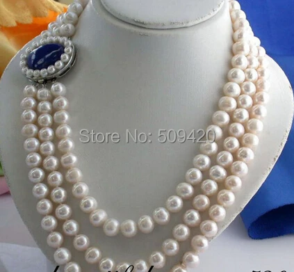

Free Shipping >>>>3row 9mm round white freshwater pearl necklace lapis