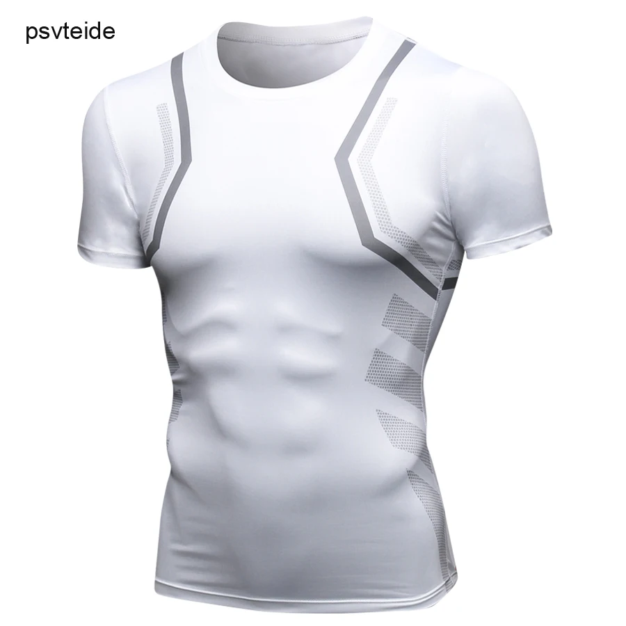 Psvteide Рашгард Мужская гимнастическая майка для бега спортивная рубашка мужская сухая Фитнес Футболка camisa esporte сжатый Топ для мужчин с 3D принтом - Цвет: White