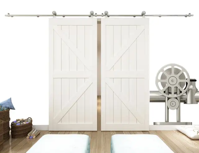 Diyhd 8ft 16ft Stainless Steel Double Sliding Barn Door Hardware Top Mount Spoke Wheel Safety Pin Track Kit