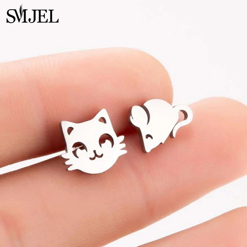 SMJEL Korean Stainless Steel Earrings for Women pendientes hombre Flower Small Earrings Studs Birthday Gifts Wholesale - Окраска металла: mouse cat