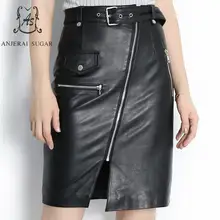 Осенне-зимняя женская юбка из натуральной овечьей кожи, сексуальная черная юбка с высокой талией и ремнем на молнии, с Боковым Разрезом, OL, посылка, юбки до середины бедра