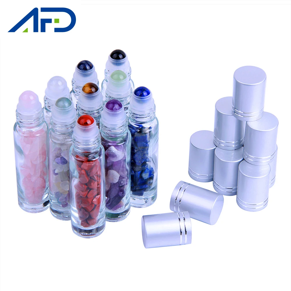 

Portable 10pcs Natural Essential Oil Bottles 10ml Semiprecious Gemstone Roller Ball Bottles Clear Glass Bottle Randomly Color