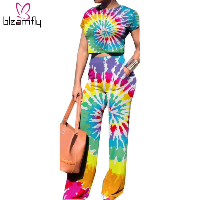 

Tie Dye Two Piece Set Women Summer New Short Sleeve Crop Top+Wide Leg Pants Suits Outfits Rainbow Gradient 2 Piece Matching Sets