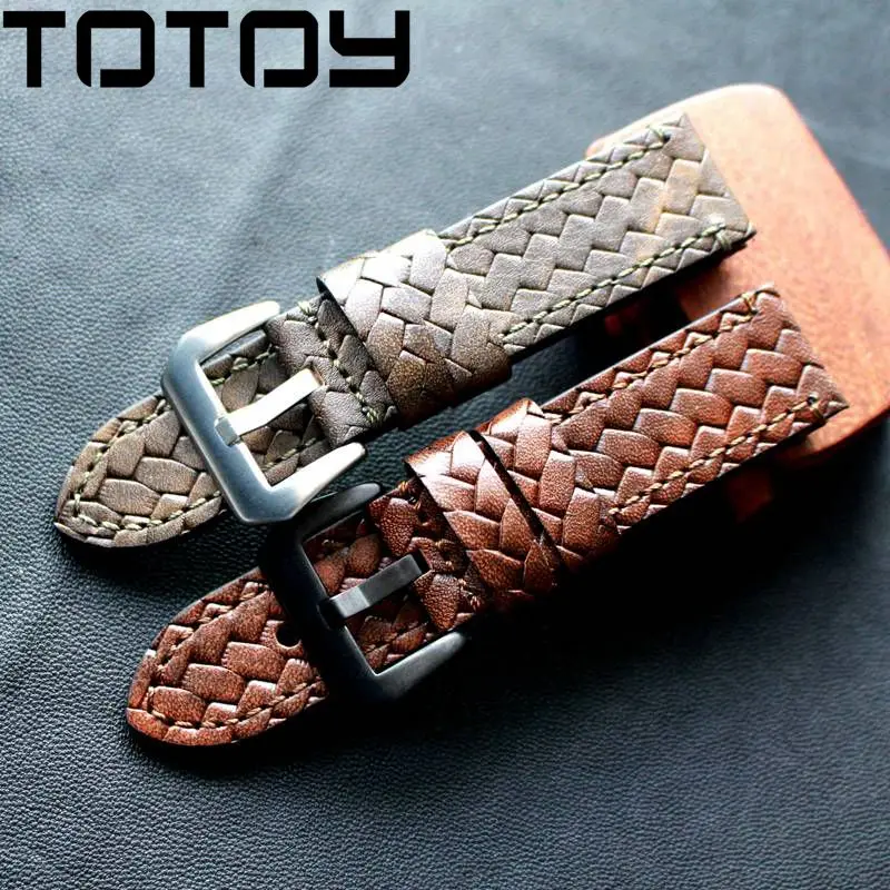 

TOTOY Hand-Knitted Leather Watchbands, 20MM 22MM 24MM Soft retro Men's Watch Band, For PAM111 Military Brown Red Watch Strap