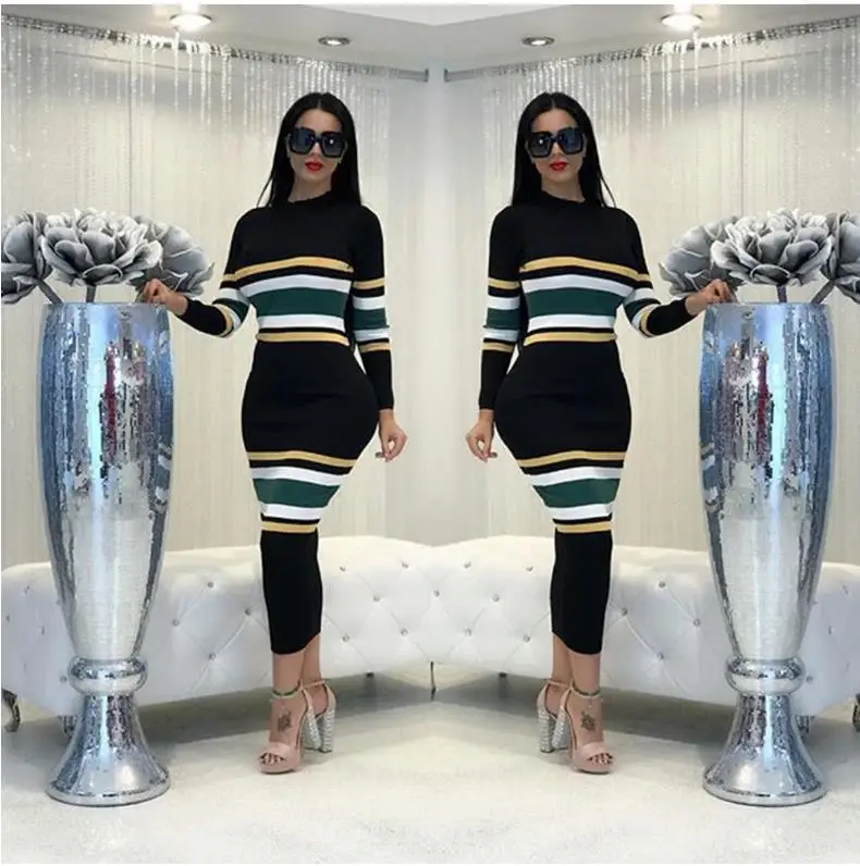 

2018 autumn and winter new style, fashionable European style, long digital printing stripes long-sleeve dress