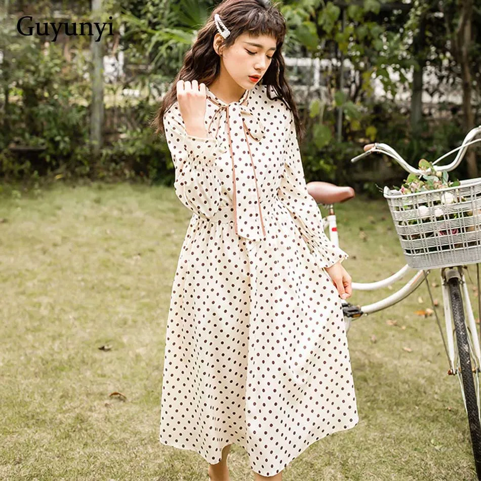 

Guyunyi Vintage Preppy Style Polka Dot Dress Spring Bow Collar Ruffle Sleeve Rice White Chiffon Dress