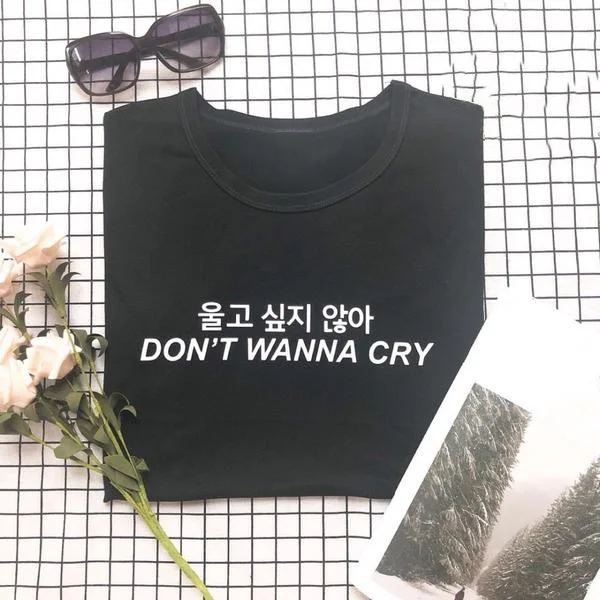 Kpop, Корейская футболка с надписью Don't Want Cry, уличная мода, женские футболки с буквенным принтом, летние хипстерские футболки Tumblr Grunge, наряд