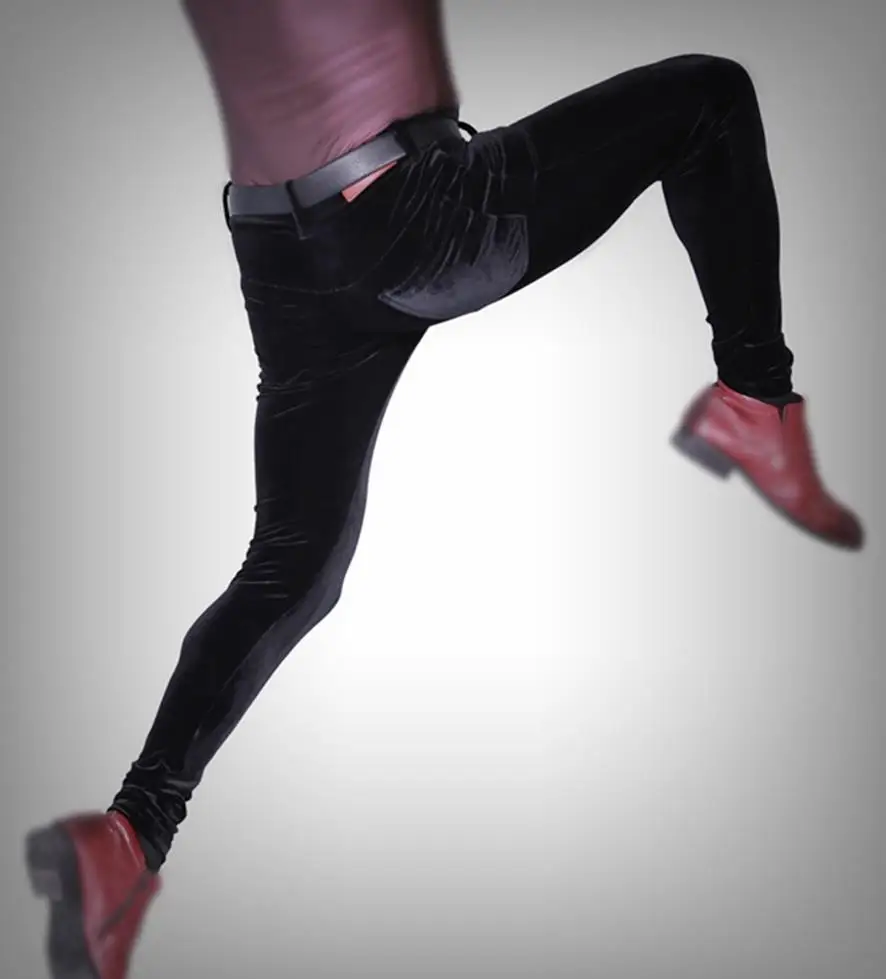 

2019 Men Sexy Slim Pants Tight Velvet Warm Elastic Black/Dark Blue Stylish New