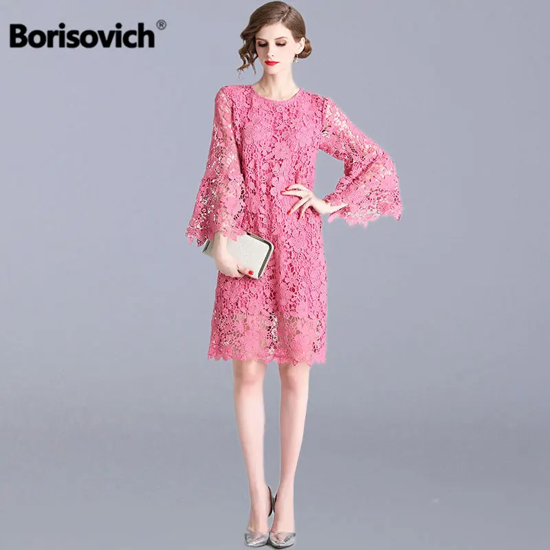 

Borisovich Ladies Party Dresses New 2019 Spring Fashion Flare Sleeve Knee-length Hollow Out Lace Luxury Women Casual Dress N775